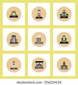 Collection of stylish vector icons in colorful circles different kinds of buildings