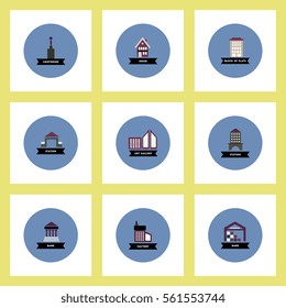 Collection of stylish vector icons in colorful circles different kinds of buildings