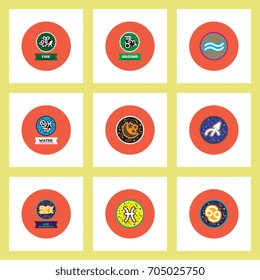 Collection of stylish vector icons in colorful circles Zodiac elements