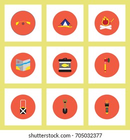 Collection of stylish vector icons in colorful circles Camping stuff
