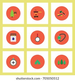 Collection of stylish vector icons in colorful circles Camping equipment