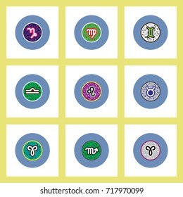 Collection of stylish vector icons in colorful circles Zodiac