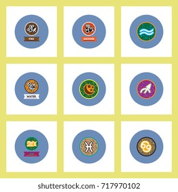 Collection of stylish vector icons in colorful circles Zodiac elements