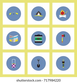Collection of stylish vector icons in colorful circles Camping stuff