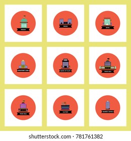 Collection of stylish vector icons in colorful circles different kinds of buildings