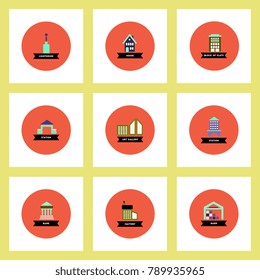Collection of stylish vector icons in colorful circles different kinds of buildings