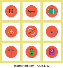 Collection of stylish vector icons in colorful circles airport concept