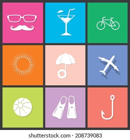 A collection of stylish vector icons of modern color trips and holidays.
