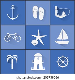 A collection of stylish vector icons of modern color trips and holidays.