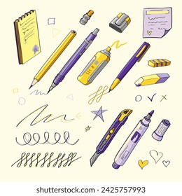 colección de elegantes suministros de oficina vectoriales, suministros de oficina en el estilo de dibujo a mano