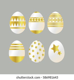 A collection of stylish white eggs with golden pattern of circles, stripes, zigzags and stars. Easter Holiday. Vector illustration, isolated on a gray background.