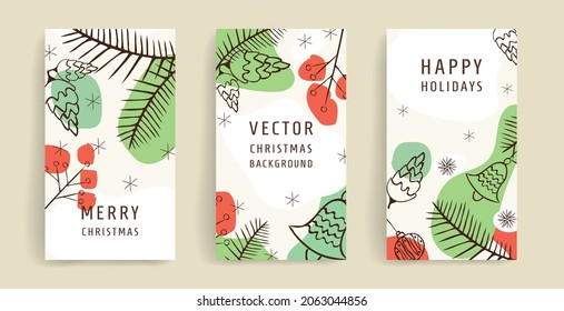 Collection of stylish winter templates. Christmas vector illustration with cones, and berries and fir branches on a white background. Suitable for social media posts, covers, winter design,  ads