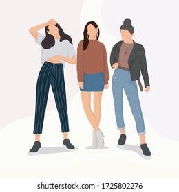 collection of stylish women dressed in casual clothes. set of fashionable casual and formal outfits, flat character set vector