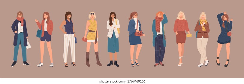 Collection of stylish women dressed in casual and formal trendy clothes. Young fashionable girls flat cartoon illustration
