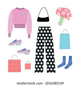 Collection of stylish women's clothes isolated on white background. Set of fashionable outfit for everyday city life. Flat cartoon colorful vector illustration. Sport and romantic style. Shopping day.