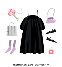 Collection of stylish women's clothes isolated on white background. Set of fashionable outfit for everyday city life. Flat cartoon colorful vector illustration. Romantic style. Shopping day.