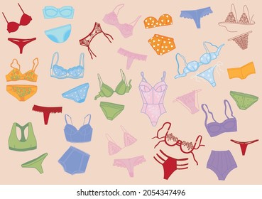 Collection of stylish women's lingerie. Set of hand drawings of women's underwear, panties, bras. Set of fashionable underwear.Flat cartoon colorful vector illustration. Trendy female underwear.