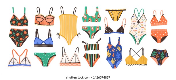 Collection of stylish women's lingerie and swimwear isolated on white background. Set of fashionable underwear and swimsuits or bikini tops and bottoms. Flat cartoon colorful vector illustration.