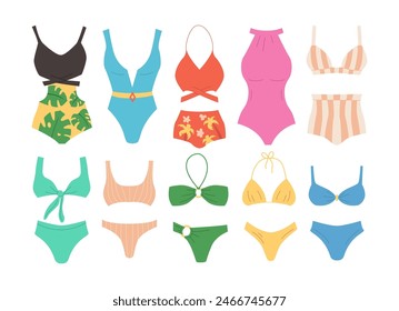 Colección de trajes de baño de las mujeres con estilo aislado sobre fondo blanco. Trajes de baño y bikini de moda. Ilustración vectorial plana de dibujos animados.