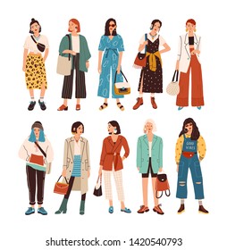 Collection of stylish young women dressed in trendy clothes. Set of fashionable casual and formal outfits. Bundle of cute girl hipsters or trendsetters. Flat cartoon colorful vector illustration. - Shutterstock ID 1420540793