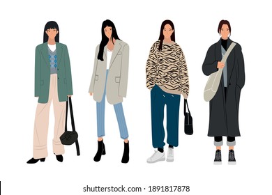 Collection of stylish young women dressed in trendy clothes. Set of fashionable casual and formal outfits. Bundle of cute girl hipsters or trendsetters. 