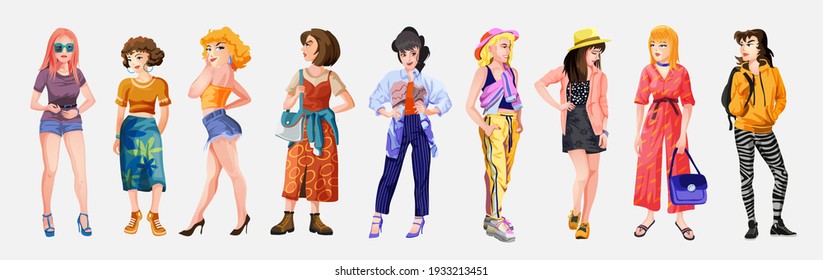 Collection of stylish young women dressed in trendy clothes.Set of fashionable casual and formal outfits.Bundle of cute girl hipsters or trendsetters. Female characters cartoon colorful illustration
