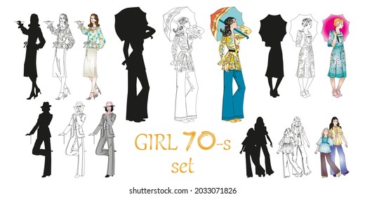 Collection of stylish young women dressed in trendy clothes in the style of the 70's.People fashion 70 s.Retro in the style of the 70's.
Set of fashionable casual and formal outfits.Vector art.