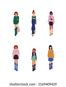 Collection of stylish young women dressed in trendy clothes. Vector fashion illustration.