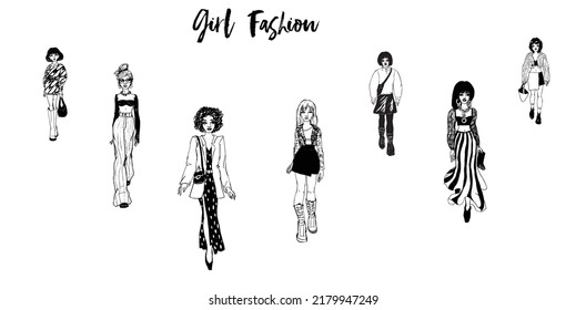 Collection of stylish young women dressed in trendy clothes. Vector fashion black and white illustration.