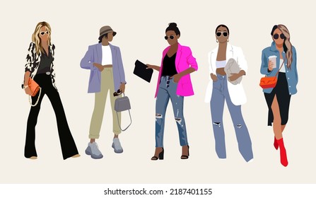 Collection of stylish young women dressed in trendy clothes. Set of fashionable casual and formal outfits. Bundle of cute girl hipsters or trendsetters. Flat cartoon colorful vector illustration.