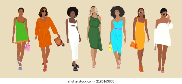 Collection of stylish young women dressed in trendy clothes. Set of fashionable casual street style outfits. Bundle of cute girl hipsters or trendsetters. Flat cartoon colorful vector illustration.