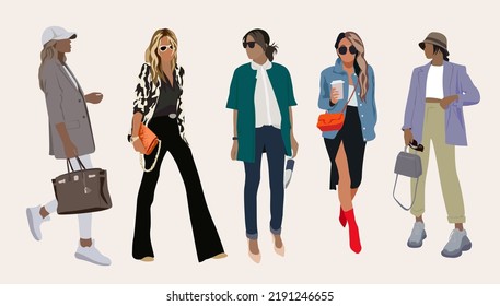 Colección de jóvenes elegantes vestidas con ropa de moda. Un conjunto moderno y casual de estilo callejero. Un conjunto de adorables trendsetters de chicas lucen en otoño. Dibujo plano de ilustración vectorial realista.