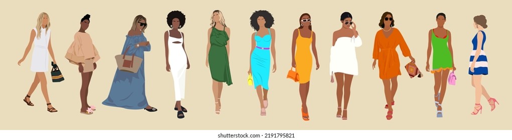 Colección de jóvenes elegantes vestidas con ropa de verano de moda. Un conjunto moderno y casual de estilo callejero. Un conjunto de tiernas de chicas lindas. Ilustración vectorial colorida de dibujos animados planos.