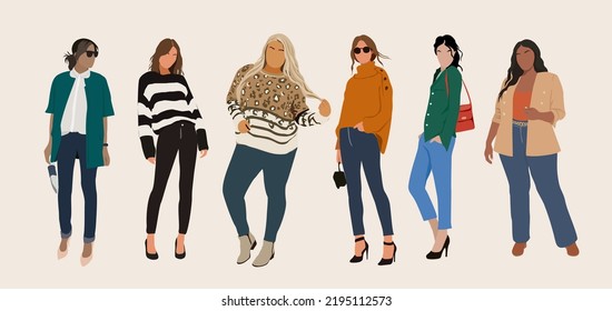 Collection of stylish young women dressed in trendy autumn clothes. Set of fashionable casual outfits. Bundle of different girl trendsetters. Flat cartoon vector realistic illustration