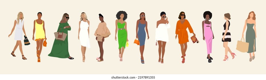 Colección de jóvenes elegantes vestidas con ropa de verano de moda. Un conjunto moderno y casual de estilo callejero. Un conjunto de tiernas de chicas lindas. Ilustración vectorial colorida de dibujos animados planos.