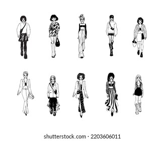 Colección de jóvenes elegantes vestidas con ropa de moda. Ilustración vectorial en blanco y negro.