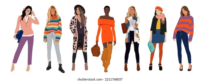 Collection of stylish young women dressed in trendy clothes. Set of fashionable casual street style outfits. Bundle of cute girl trendsetters. Flat cartoon colorful vector realistic illustrations.