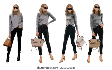 Collection of stylish young women dressed in trendy clothes set of fashionable casual and formal outfits bundle girls standing in different poses Flat cartoon colorful vector illustration.