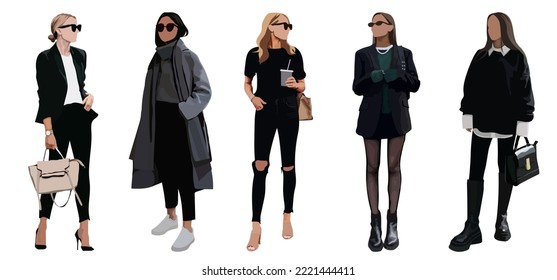 Collection of stylish young women dressed in trendy clothes. Set of fashionable casual and formal outfits. Flat cartoon colorful vector illustration.