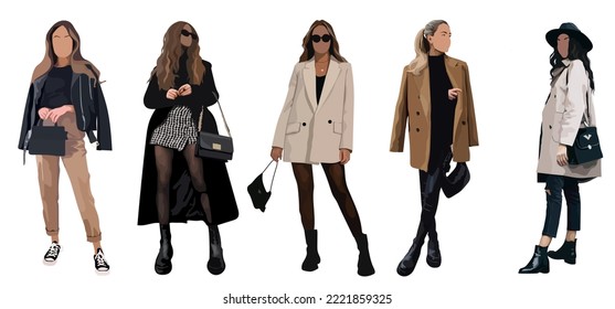 Collection of stylish young women dressed in trendy clothes. Set of fashionable casual and formal outfits. Flat cartoon colorful vector illustration.