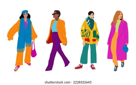 Colección de jóvenes elegantes vestidas con ropa de moda. Juego de ropa de moda informal en la calle. Niñas pequeñas de diferentes razas y nacionalidades. Dibujo plano colorido vector ilustración realista.