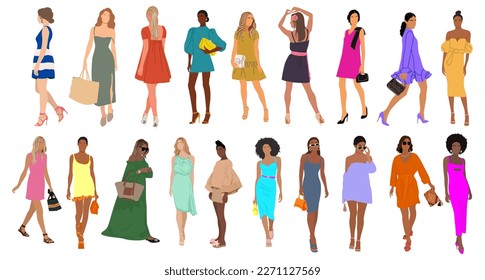 Collection of stylish young women in modern dress.