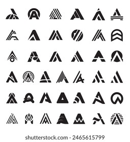 A collection of stylized "A" logos featuring various geometric designs and patterns, each accompanied by distorted text underneath, showcasing creative typography and modern graphic design elements.