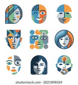 Collection of stylized abstract faces showcasing diverse features and artistic interpretations of human identity
