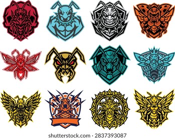 Collection of stylized aggressive insect emblems featuring ants bees and wasps in various bold color schemes and intricate designs suitable for esports or gaming
