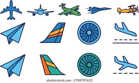 Collection of stylized aircraft icons including jets propellers paper planes and jet engines. Useful for travel transport or aerospace concepts.