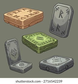 Una colección de cajas estilizadas de aspecto antiguo y piedras rúnicas individuales, realizadas en un estilo de arte de fantasía.