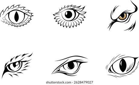 Collection of stylized animal eyes in vector illustration black and white
