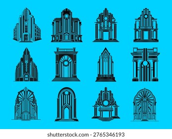 A collection of stylized Art Deco building facades, intricate architectural elements, and decorative designs. Perfect for retro themes, historical projects, luxury branding, or vintage-inspired graphics.