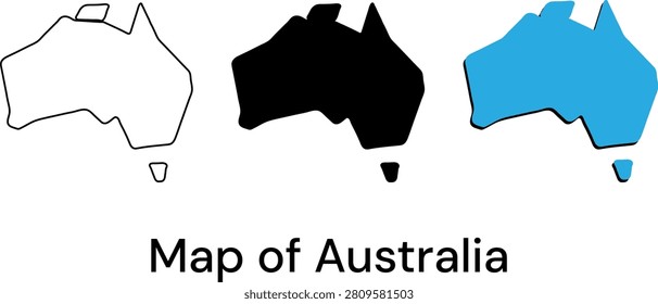 A collection of stylized Australia map outlines in black, blue, and line art.
